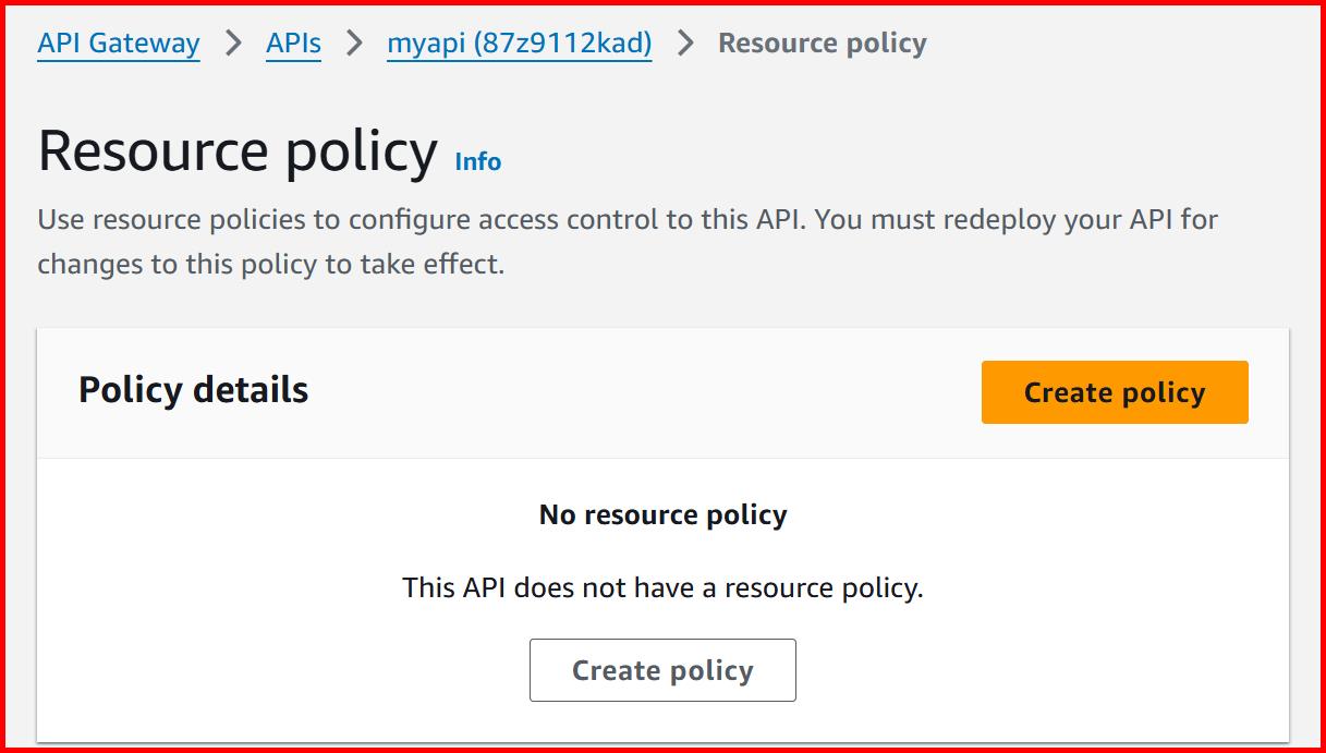 Picture showing the create policy button for creating the new resource policy